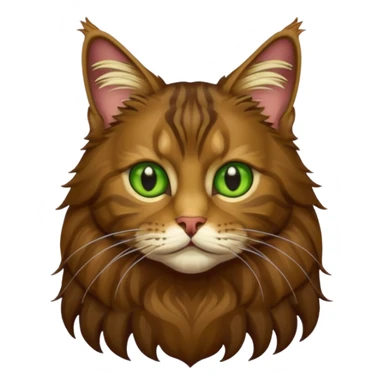 je veux un emoji chat main coon marron foncé  à poil long avec les yeux vert jaunes, en entier assis stp  sticker