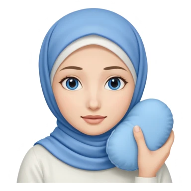 white pretty woman with white hijab holding a blue cushion foundation emoji sticker