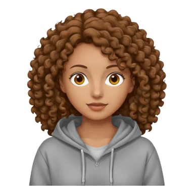 Woman, curly brown hair, hoodie, sticker