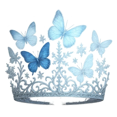 butterfly crown in icy silver with blue and white butterflies, snowflake details, and a frosty glow sticker