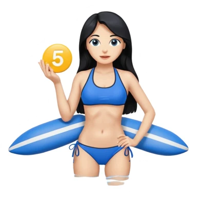 Spanish woman with long black hair, in a blue fitness bikini, with a number 5 circle button p sticker