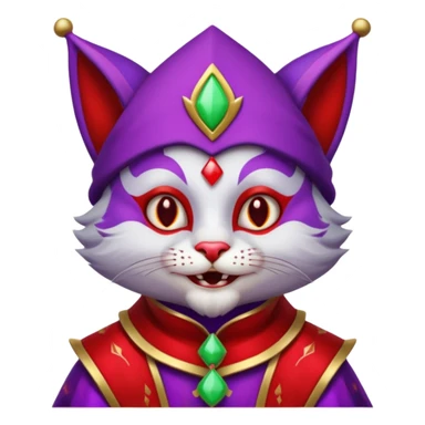 crazy colorful cute little cat jolly joker from poker, medieval, vintage, court jester, mac os icon, purple and red color, silver inserts, half body sticker