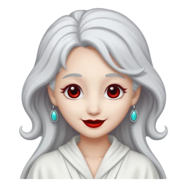 vull un perosnatge estil bimoji que sigui com una nimfa bella i fantasmal amb túniques blanques. Té la pell literalments blanca com el guix, cabell platejat, un nas llarg, ulls negres grans i llavis carmesí. que estigui somrient sticker