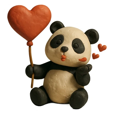 panda with heart-shaped balloon blowing kisses, claymation style sticker