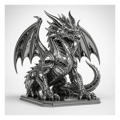 A fierce dragon in a dramatic pose, rendered in a chrome style with shiny metallic textures and reflective surfaces, 1:1 aspect ratio. sticker