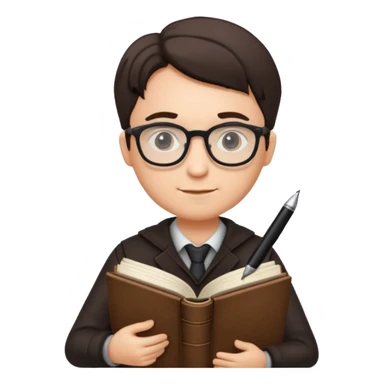 writer holding big pen and book, wearing glasses , zoom out sticker