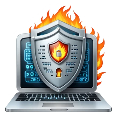 An icon featuring a digital shield with a lock, binary code, and a glowing firewall grid, symbolizing cybersecurity. The design includes a laptop, warning icons, and secure network nodes, representing protection against cyber threats. Transparent background highlights digital safety and defense. sticker