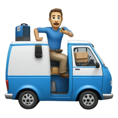 Italian man driving a blue van with a generator attached at the back sticker