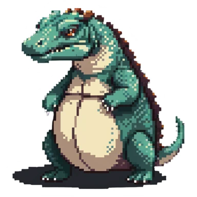 A pixelated fat komodo dragon with a big round belly, mid-hiccup with its body slightly jumping sticker