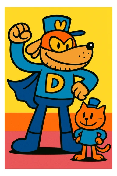 Dogman with a sidekick, vibrant cartoon style sticker