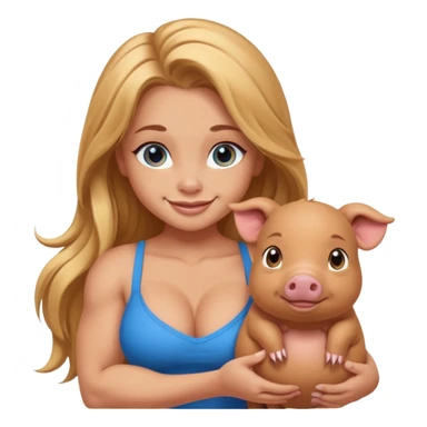 muscled sexy girl, big butt, holding cute brown minipig, long golden hair, blue eyes sticker