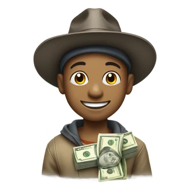 smiling boy in hat portrait with a bag of money sticker