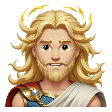 Cinematic Realistic Thor Portrait, head tilted dramatically with an exaggeratedly amused expression, featuring lively, twinkling eyes and a subtle, roguish grin. His fair, radiant skin and long, wavy golden hair, rendered with classical precision, complement his draped white toga adorned with delicate golden details and mythic lightning hints, all brought to life with dynamic lighting that captures both his divine power and playful, approachable charm. sticker