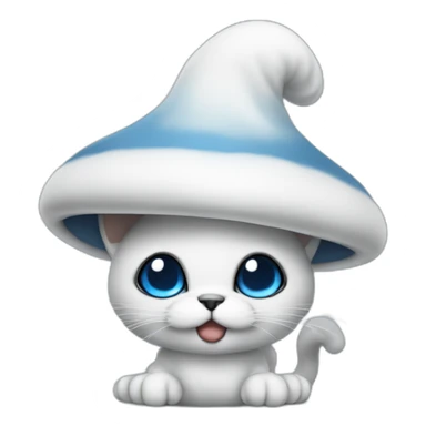 Blue smurf cat with black eyes wearing a large white mushroom as hat, no body sticker