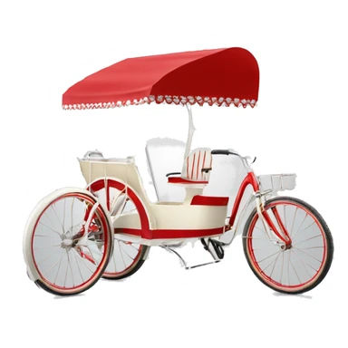 un tricycle vente crème lacée de ouleur blanc et rouge avec un canopy avc es bands rouge et blanc sticker