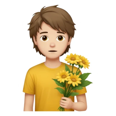 generate an ios genmoji of a 20 year old fair boy with brown long and messy hair with faint upper lip hair - visible (brown). should look like he cant grow a mustache., carrying a flower bouquet, wearing a yellow tshirt, looking shy sticker