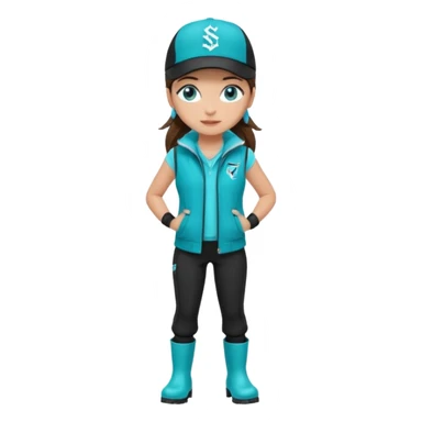 A landscaper in a beautiful turquoise jacket, turquoise rubber boots, and black pants. Over the turquoise jacket, she wears a black sleeveless vest. On her head, she wears a black Swissotel baseball cap. The girl is a brunette with blue eyes. sticker