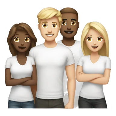 Digital team emoiji consisting of 2 women and 3 men. One blonde woman, one blond man, rest brown hair. All white in tshirts. sticker