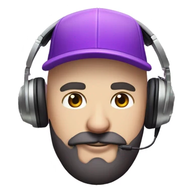 Bald white guy with purple baseball hat with flat rim short black beard and mustache wearing  gaming headphones and a psychedelic shirt with a unicorn on it and smoking a pipe sticker