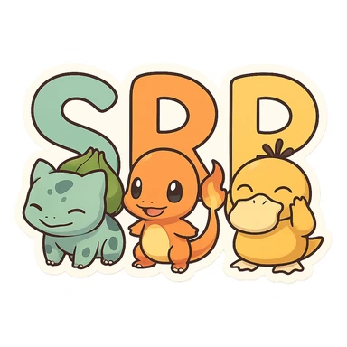 The letters SRP together, each letter made from different Pokémon characters, vibrant and fun, playful and colorful style sticker