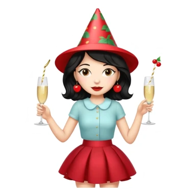 A woman with wavy black hair in a cherry skirt, beautiful and authoritative, drinking champagne sticker