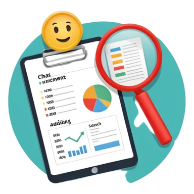 Checking and auditing estimate documents with search icon and infographic chart sticker