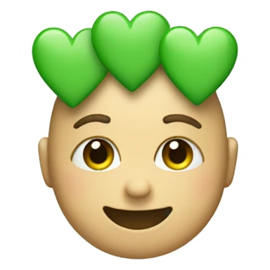 An emoji that looks cute with the left hand on its hand witg three green sage hearts on the head sticker