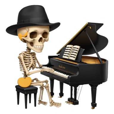 a human skeleton in anatomical proportion wears a black hat and plays the piano sticker