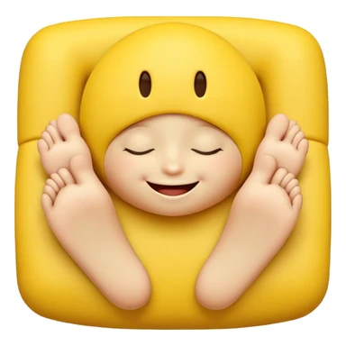 Cute 3D yellow smiley, closed eyes, smile, feet up, hands under chin, white background. sticker