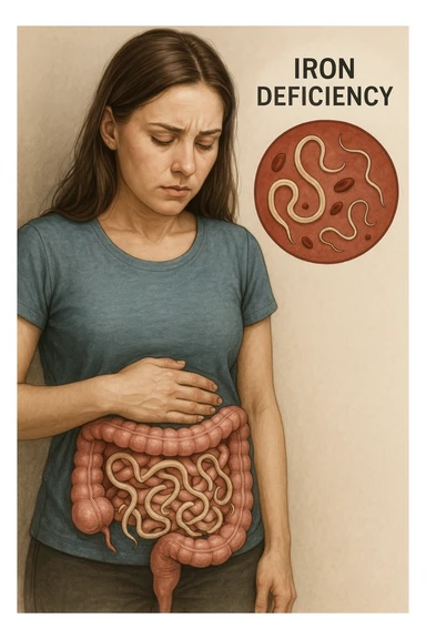 donna con parassiti intestinali che amano la sua carenza di ferro così possono svilupparsi. Immagini realistiche sticker