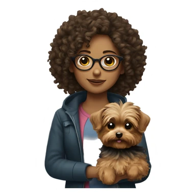 Curly haired girl with glasses holding a yorkie sticker