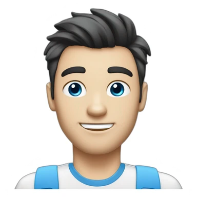 a guy with dark hair pompadour style white skin blue eyes behind a msi laptop sticker