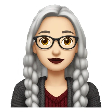 Attractive Caucasian woman with long straight grey hair worn in a braid, wearing wire frame glasses, dark red lipstick, and a sweater, she has a slightly upturned nose sticker