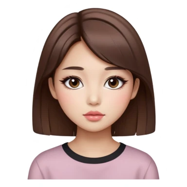 “korean straight brown hair Emoji girl, soft eyeliner and blush, gradient lips, light brown shimmer eyeshadow sticker
