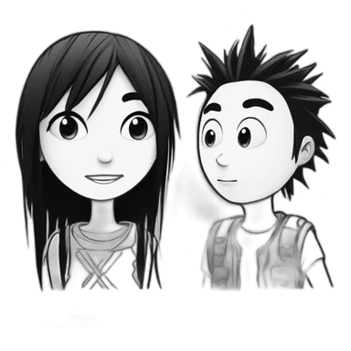 a dog and a girl with black spiky hair looking at each other in style of ((sarah andersen)), black and white,sarah andersen,cartoon,drawn,sketch sticker