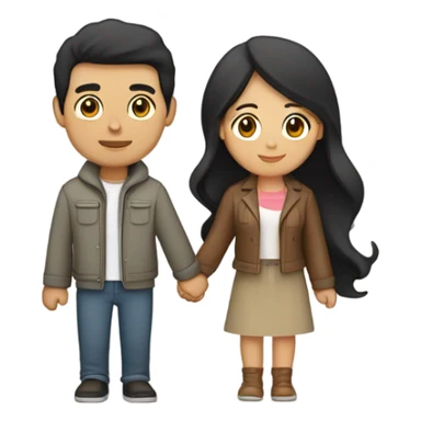 a couple holding hands. the guy has black middle part hair and is Persian and Filipino mix, wearing a jacket. the girl has brown hair white and asian mix, wearing a crop top. sticker