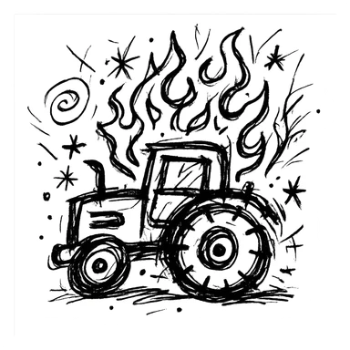A tractor on fire, icon style, black and white, chaotic sticker
