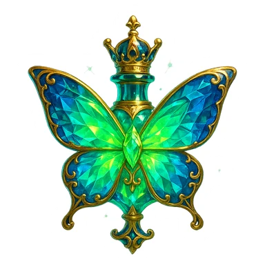 luxurious crystal butterfly-shaped bottle with short neck and crown, green (#c0ff53) and blue colors, more glowing, ornaments, decorations, magical effects, golden details, premium class, transparent background, beautiful connected bottom, bottle clearly floating in air, no base or shadow, very similar to original sticker
