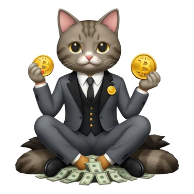 cat mafia corleone sitting on money, bitcoin BTC on hand sticker