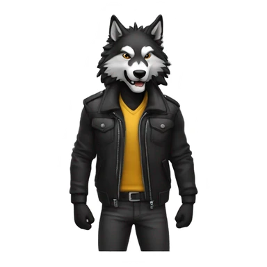 lobo con cuerpo de humano, usando chaqueta negra y haciendo gestos con las manos sticker