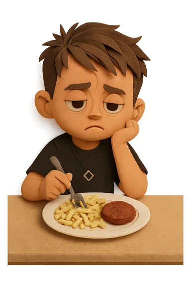 A stylized 3D child version of the person in the reference photo, around 6 years old, is sitting at a table. He looks bored, staring at a plate of macaroni and a meat patty, absentmindedly poking the macaroni with a fork. Keep the pose relaxed and the expression subtly disinterested. The style should be semi-realistic 3D, soft lighting, clean detail sticker