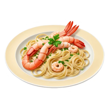 create a Whole Shrimp Linguini Camera angle: slightly elevated top-down view with a gentle bird’s-eye perspective (about 15–20°), identical perspective and scaled do not add anything on plate

 sticker