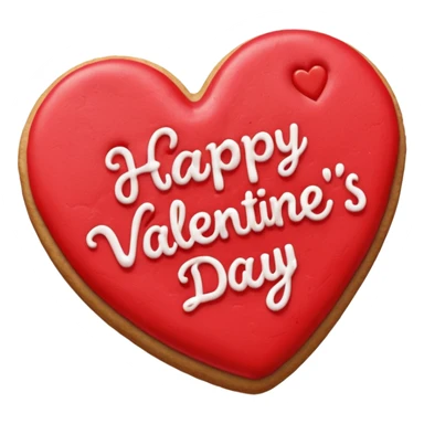 Heart-shaped cookie with red icing emoji, write 'Happy Valentine's day' on top of the red icing in white icing sticker