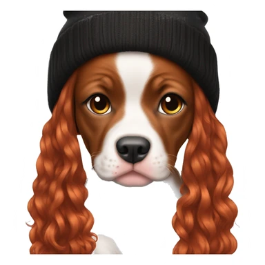Long Red haired woman in beanie with septum piercing holding black and white English Staffordshire puppy sticker