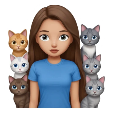 a pretty bratz dusky light skin girl with long brown hair, blue eyes with six cats nd wearing a grey tshirt sticker