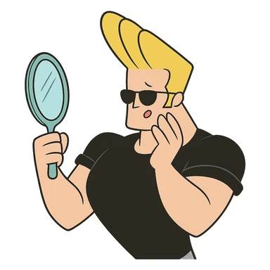 johnny bravo cartoon character, holding a mirror and admiring himself, cartoon style sticker
