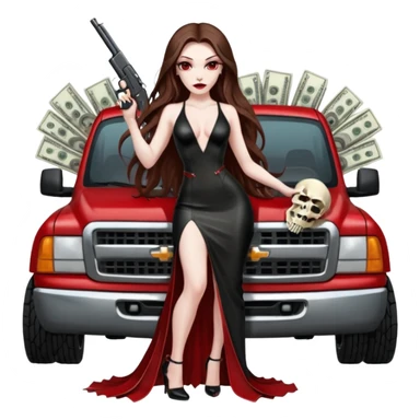 Lilith symbol red eye seductress evil long brown haired sexy succubus woman with leather long dress with slit on, sitting in Big Large F350 pickup truck. Platform long high heels on feet. Back seat full of stacks of cash, she is  Holding a human skull of her enemies and a gun in other hand sticker