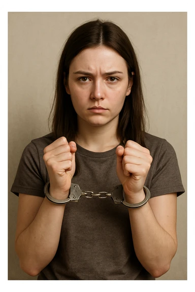 realistic illustration of a girl who is handcuffed, looking serious, neutral background sticker