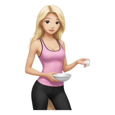 Seductive, thin fair skinned woman, long blond hair, washing dishes, SFW sheer pink tank top, without undergarments showing natural breast shape SFW, black yoga pants, perfect booty sticker