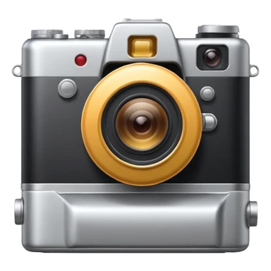 Minimal emoji icon of a modern metalic camera, front view, simple shapes, realistic lens,  sticker
